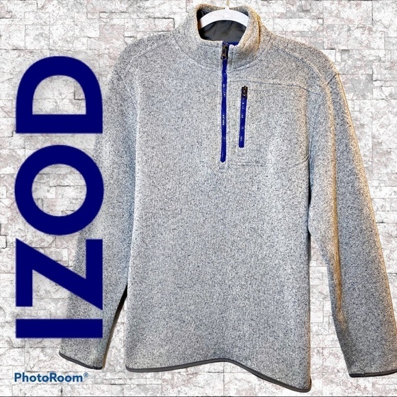 IZOD Gray Fleece 1/4 Zip Mock Neck Pullover Sweater, Size Medium - Picture 1 of 8